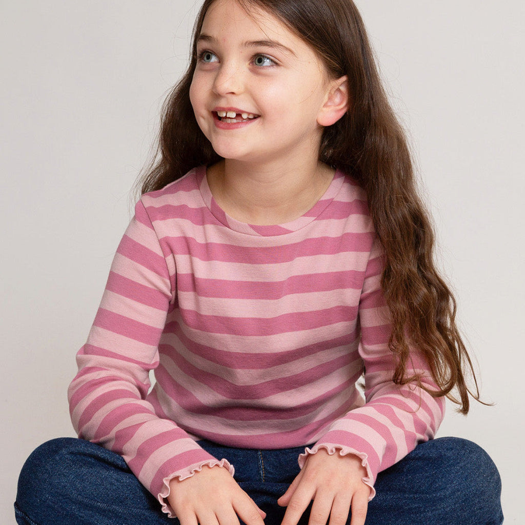 Organic Cotton Long Sleeve Rib T-Shirt - Heather Pink Striped