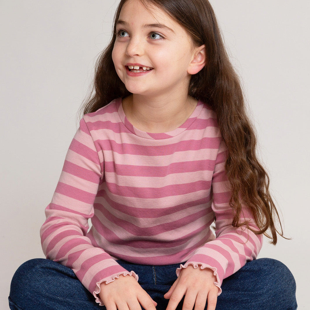 Organic Cotton Long Sleeve Rib T-Shirt - Heather Pink Striped